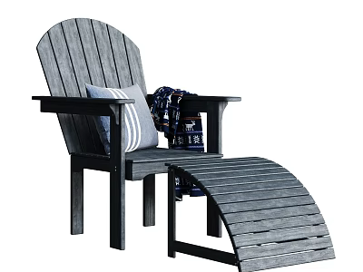 Dark Gray Wooden Adirondack Chair With Striped Cushion Folded Blanket And Ottoman 3d model