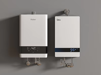 White Haier and Midea Water Heaters with Digital Temperature Display Wall Mounted 3d model