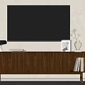 Modern Wooden TV Stand with Black TV White Vase and Books in Living Room