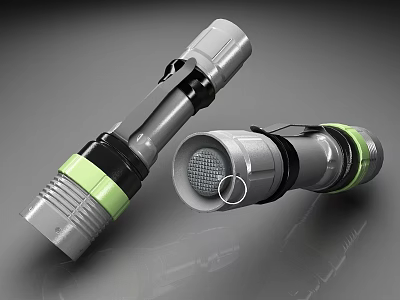 Gray Green Flashlight Design With Mesh Head Ring Grip And Portable Outdoor Use 3d model