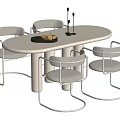 Modern Oval White Dining Table Set With Metal Frame Chairs Tray Fruits And Candle Holders