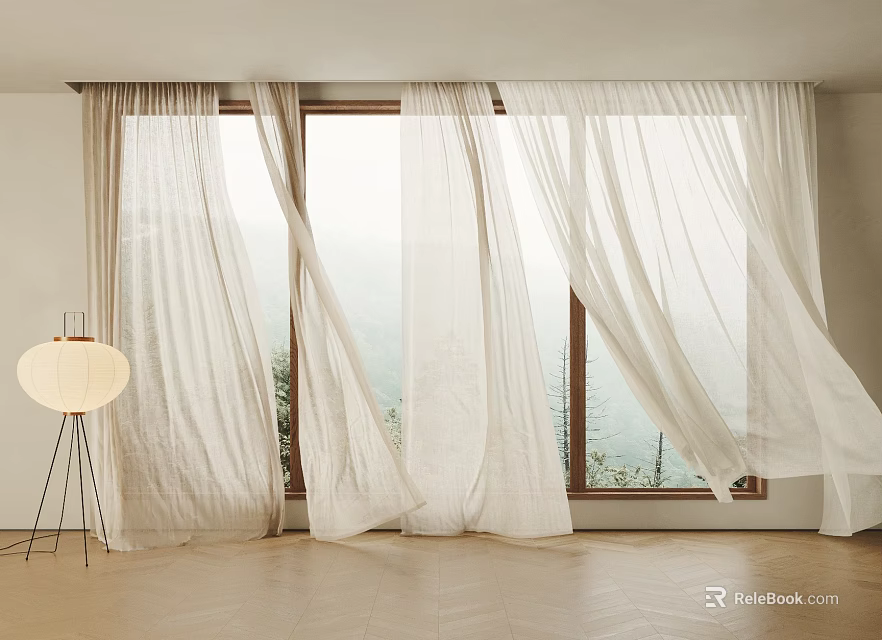 White Flowing Curtains By Window With Mountain View And Wooden Floor Interior 3d model 