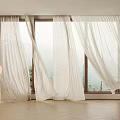 White Flowing Curtains By Window With Mountain View And Wooden Floor Interior