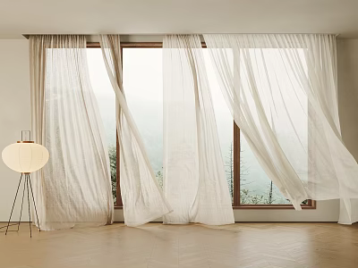 White Flowing Curtains By Window With Mountain View And Wooden Floor Interior 3d model