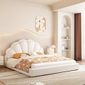 Cozy Bedroom Interior With White Shell Headboard Beige Walls Wavy LED Strip And White Flower Art