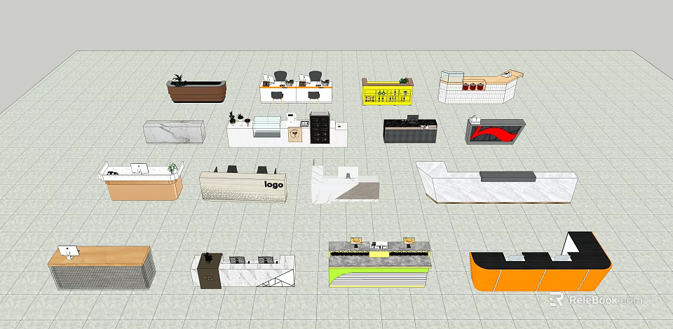 Modern Stylish Reception Desks With Various Designs Different Materials And Countertops 3d model