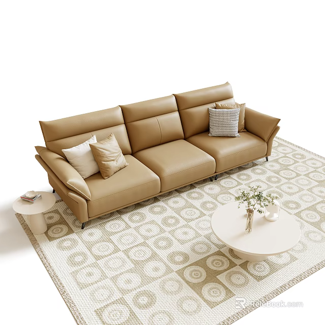 Modern Beige Leather Sofa and Coffee Table Set with Accent Pillows Round White Table 3d model 