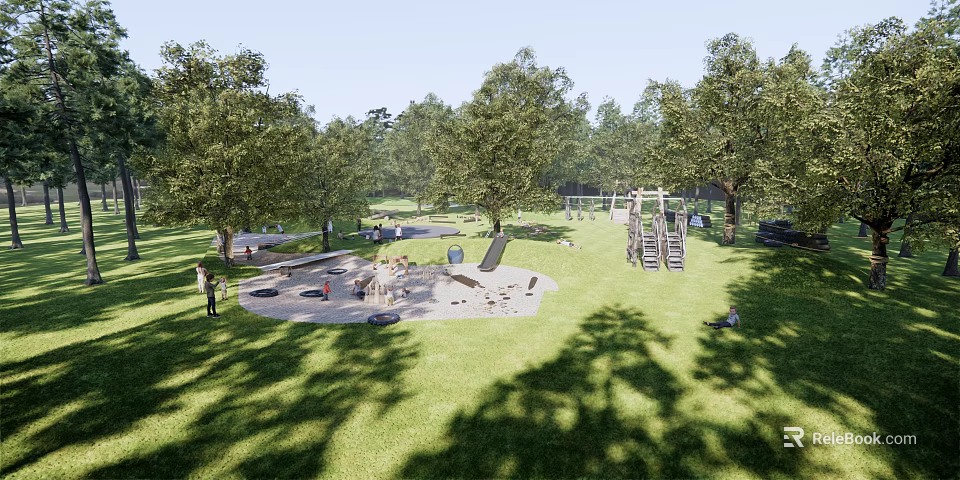Scenic Park Landscape With Lush Green Lawn Playground Equipment And Children Playing Among Shady Trees 3d model 