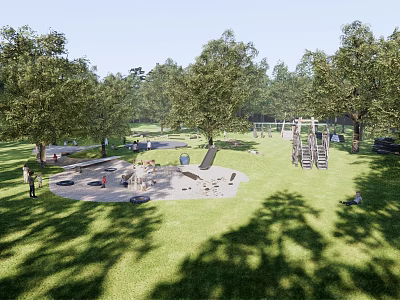 Scenic Park Landscape With Lush Green Lawn Playground Equipment And Children Playing Among Shady Trees 3d model