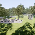 Scenic Park Landscape With Lush Green Lawn Playground Equipment And Children Playing Among Shady Trees