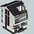 Three Story Detached Villa With Black Tile Roof White Brick Exterior And Balconies