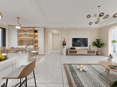 Modern Living Dining Room Interior Design With Sofa Dining Table Pendant Lights And Greenery 3d model