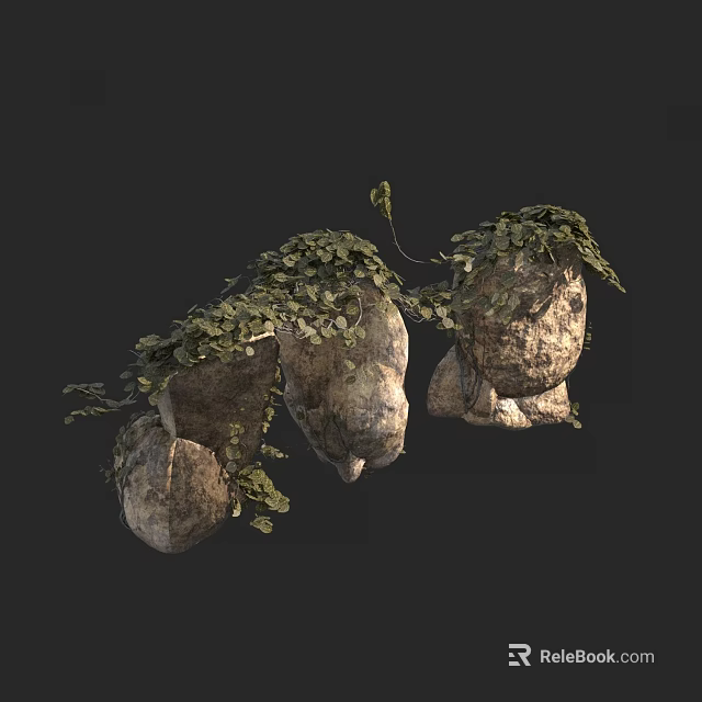 Natural Stone Wood Garden Decor With Green Leaves And Climbing Vines 3d model 