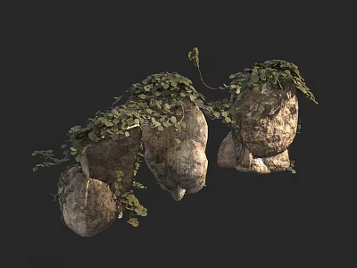 Natural Stone Wood Garden Decor With Green Leaves And Climbing Vines 3d model
