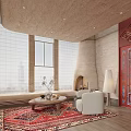 Elegant Modern Fireplace Living Room With Large Windows Sofa Coffee Table And Natural Rug