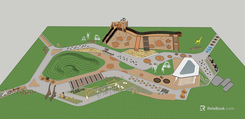 Playground Park Design With Slides Pathways Animal Sculptures Green Lawn And Activity Areas 3d model 
