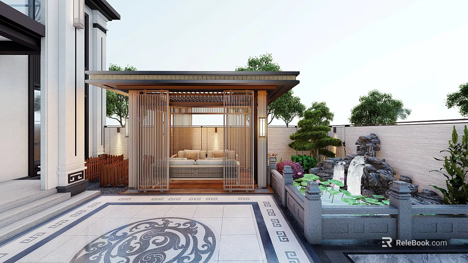 Traditional Courtyard Garden With Wooden Lattice Pavilion Seating Area Lotus Pond Rockery And Patterned Flooring 3d model 