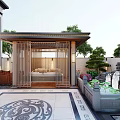 Traditional Courtyard Garden With Wooden Lattice Pavilion Seating Area Lotus Pond Rockery And Patterned Flooring