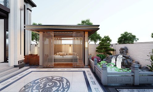 New Chinese Style Villa Courtyard Landscape 3d model