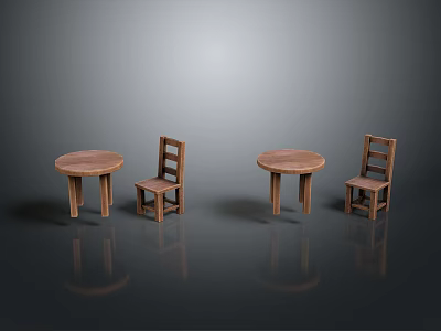 Simple Round Wooden Tables And Chairs Set With Smooth Surfaces And Reflections 3d model