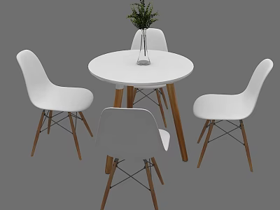 White Leisure Chairs With Wooden Legs Around Round Table And Green Plant 3d model
