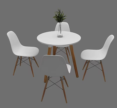 White Leisure Chairs With Wooden Legs Around Round Table And Green Plant 3d model