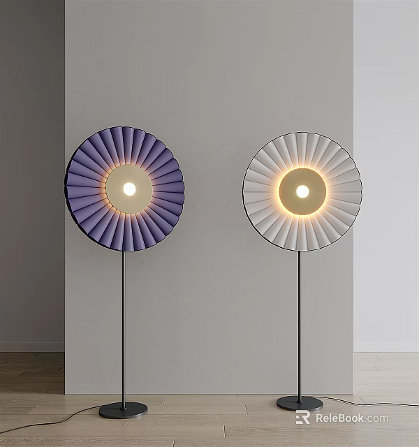 Modern Illuminated Floor Lamps With Circular Pleated Shades In Purple And White 3d model 