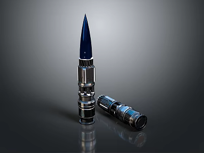 Metallic Bullet with Blue Sharp Tip and Detached Cartridge Case on Dark Reflective Surface 3d model