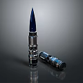Metallic Bullet with Blue Sharp Tip and Detached Cartridge Case on Dark Reflective Surface