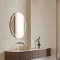Modern Minimalist Bathroom Interior With Circular Illuminated Mirror Wooden Vanity And Marble Flooring