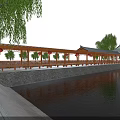 Traditional Chinese Garden Landscape With Wooden Corridor Red Lanterns Willow Trees And Waterfront Reflections