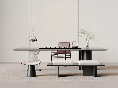 Modern Minimalist Tea Table And Chairs Interior With Tea Set Potted Plant And Hanging Lamp 3d model