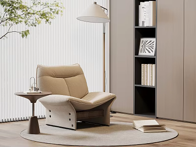 Modern Beige Accent Chair with Side Table Floor Lamp Bookshelf and Wooden Floor 3d model