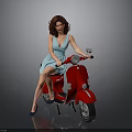 Red Scooter with Stylish Woman in Blue Dress on Gray Background
