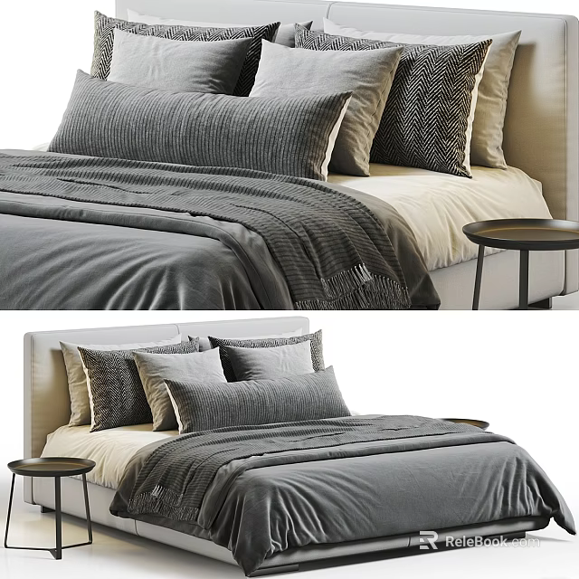 Modern Double Bed With Gray Bedding Multiple Pillows And Side Table 3d model