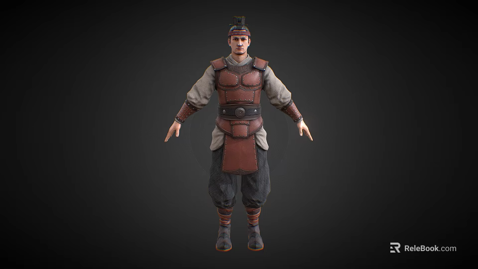 Man In Ancient Traditional Armor With Helmet Brown Chest Plate Loose Pants And Boots 3d model 
