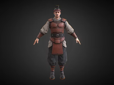 Man In Ancient Traditional Armor With Helmet Brown Chest Plate Loose Pants And Boots 3d model