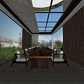 Villa Balcony with Glass Windows Glass Roof Wooden Table Gray Seats Greenery City View