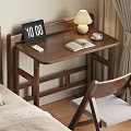 Wooden Desk and Chair Set with Clock Lamp Coffee Cup Open Book and Gray Cushion