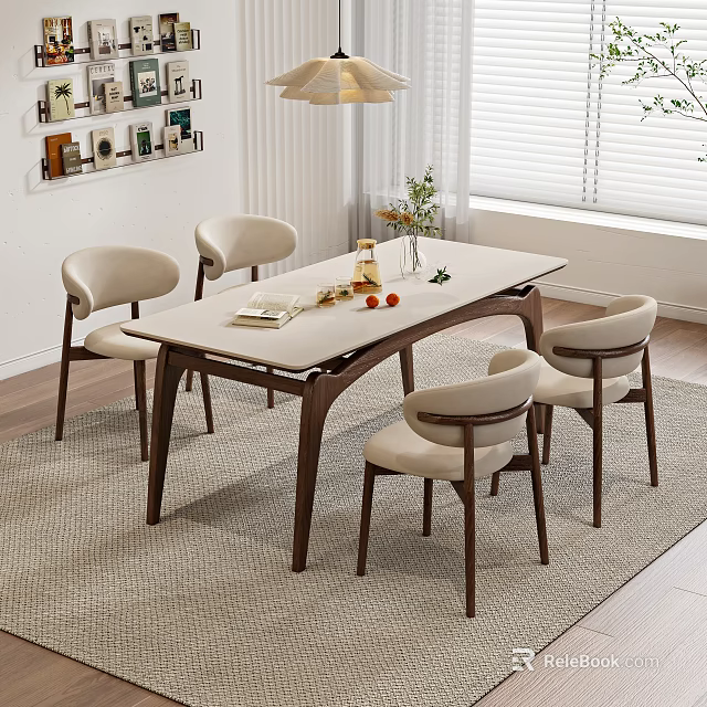 Modern Minimalist Dining Table Set with Wooden Frame and Beige Upholstered Chairs in Bright Room 3d model 