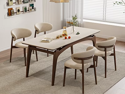 Modern Minimalist Dining Table Set with Wooden Frame and Beige Upholstered Chairs in Bright Room 3d model