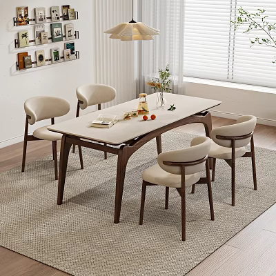 Modern Minimalist Dining Table Set with Wooden Frame and Beige Upholstered Chairs in Bright Room 3d model