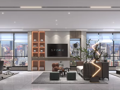 Modern Office Interior Design With Large Windows City View TV Screen Orange Shelves And Plants 3d model