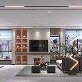 Modern Office Interior Design With Large Windows City View TV Screen Orange Shelves And Plants