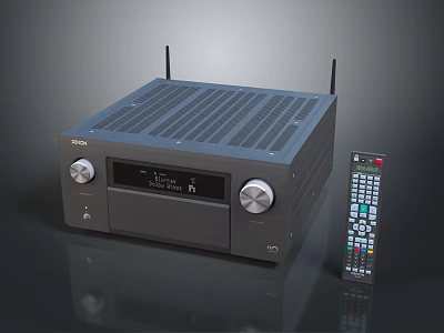 Dark Colored AV Receiver With Knobs Display Screen Ventilation Grilles Antennas And Remote Control 3d model