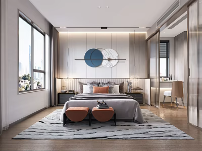 Modern Bedroom Interior With Large Windows King Bed Circular Wall Decor And Area Rug 3d model