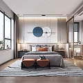 Modern Bedroom Interior With Large Windows King Bed Circular Wall Decor And Area Rug