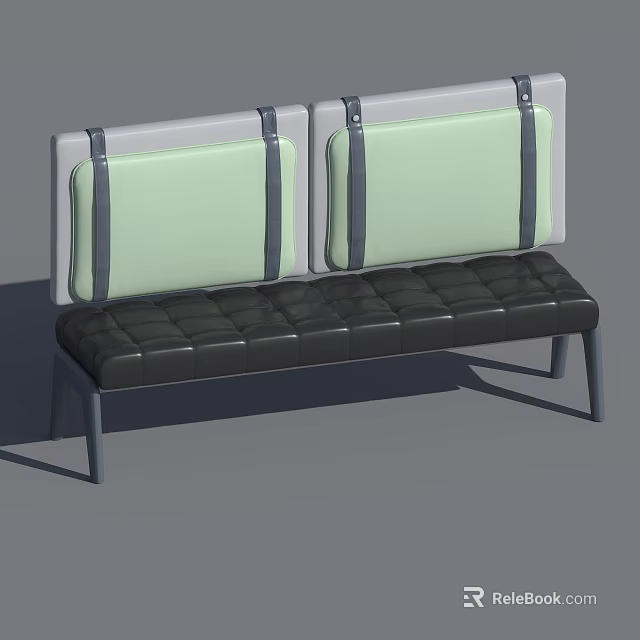 Modern Minimalist Bench With Light Green Backrest Black Leather Cushion And Gray Straps 3d model 