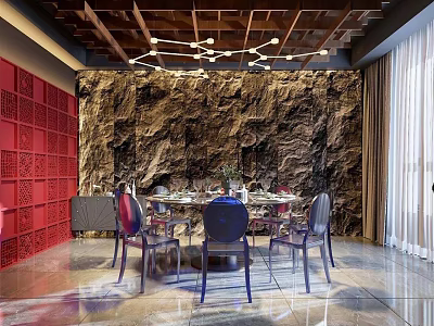 Elegant Private Dining Room With Red Carved Wall Stone Feature Wooden Ceiling And Transparent Chairs 3d model