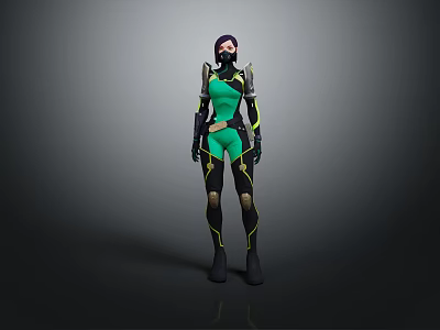 Game Movie Character In Green Black Combat Suit With Armor And Protective Gear Standing 3d model